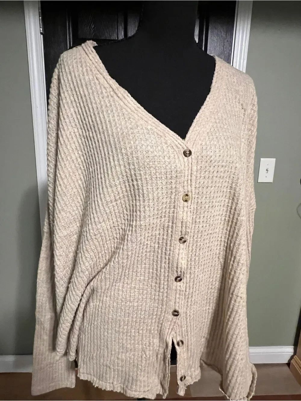 Urban Outfitters Cream Ribbed Button-Front V-Neck Top